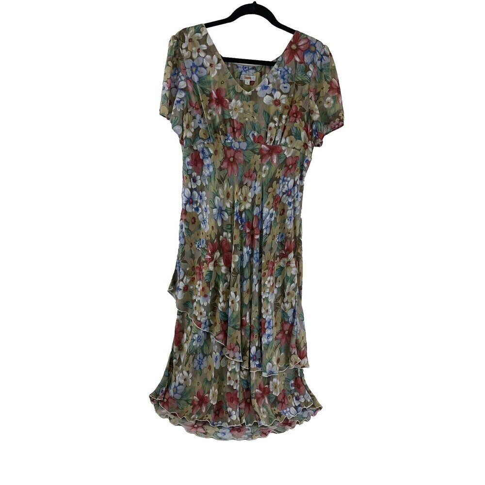 Tianello Cap Sleeve Iris Dress Floral Rayon‎ Tan Blue Red V-Neck Womens Large